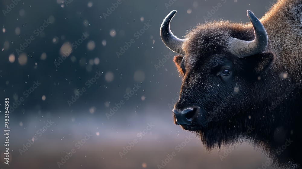 A tight shot of a bison, snowflakes landing on its face, backdrop subtly blurred A tight shot of a bison, snowflakes landing on its face, backdrop subtly blurred