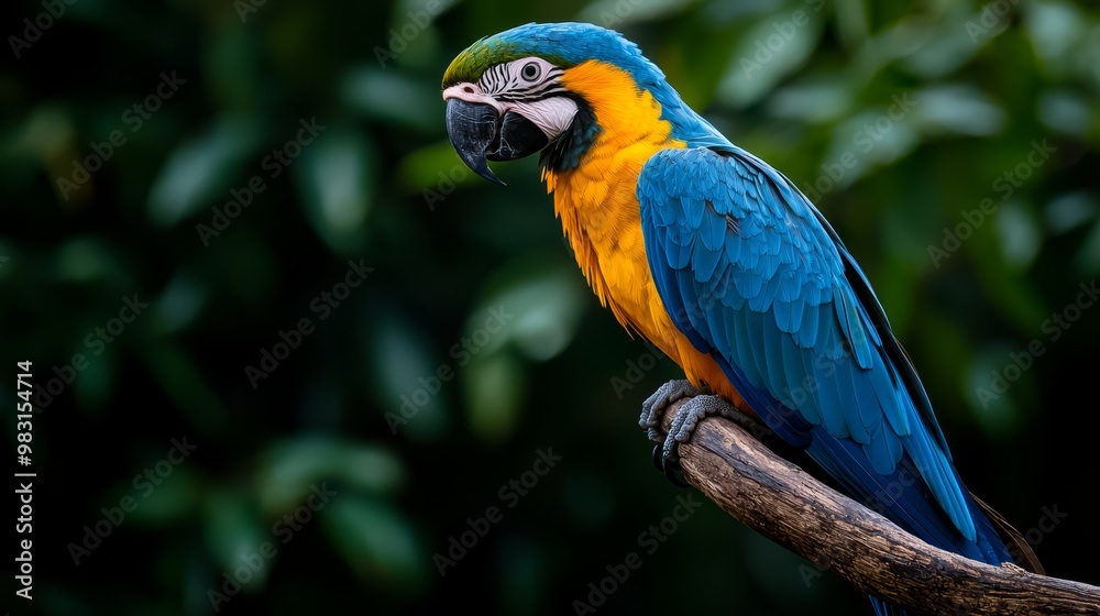 Fototapeta premium A parrot, colored blue and yellow, perches on a tree branch against a backdrop of a lush, green forest filled with leaves