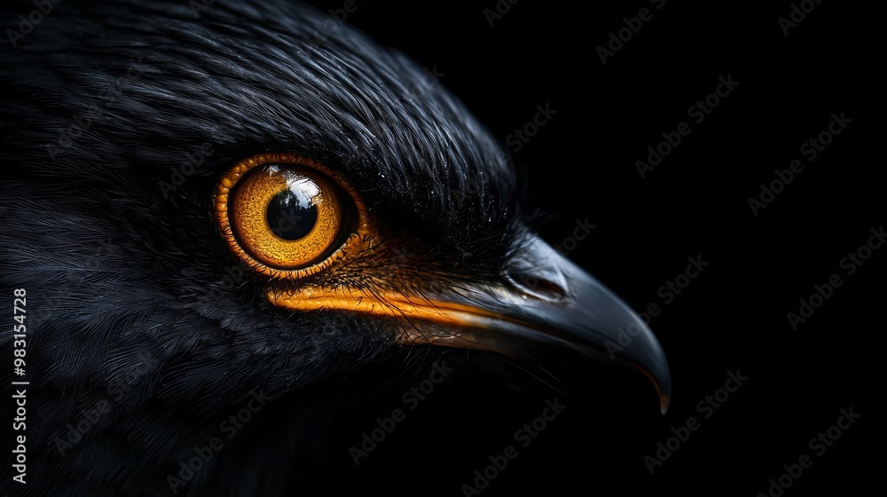 A tight shot of a black bird's intense gaze, its large, vibrant yellow eye shining at the heart of the frame A tight shot of a black bird's intense gaze, its large, vibrant yellow eye shining at the heart of the frame