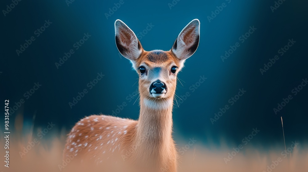 A tight shot of a deer's head against a backdrop of grass in the foreground and a blue sky overhead A tight shot of a deer's head against a backdrop of grass in the foreground and a blue sky overhead
