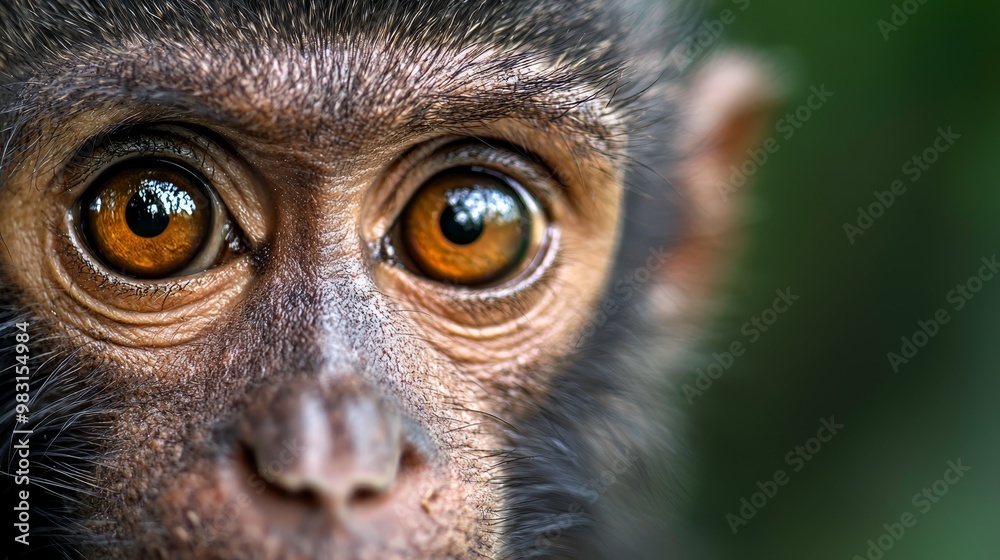 A tight shot of a monkey's face with softly blurred eyes against a hazy backdrop A tight shot of a monkey's face with softly blurred eyes against a hazy backdrop