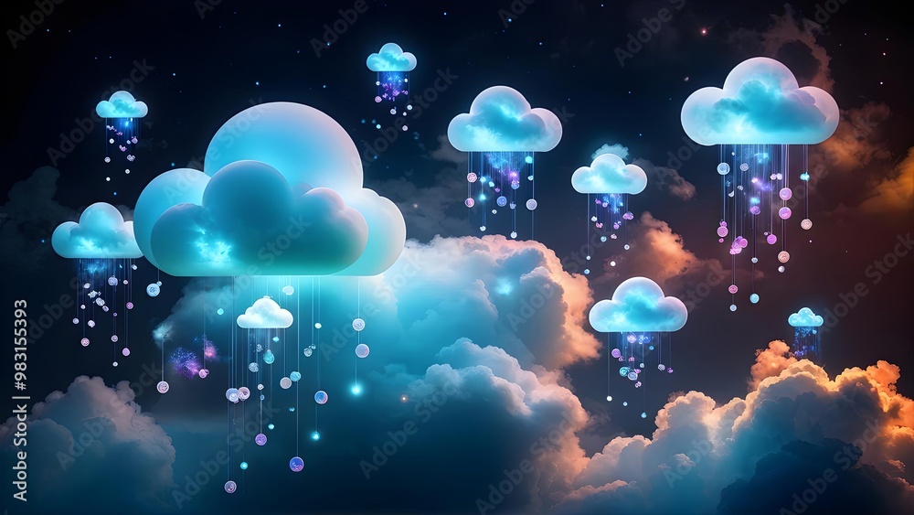 Dreamy digital clouds raining lights on dark sky background, perfect for fantasy web design Dreamy digital clouds raining lights on dark sky background, perfect for fantasy web design