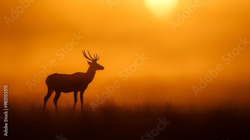  A deer stands in a foggy field with the sun illuminating the background, creating a hazy scene In the foreground, an antelope silhouette is outlined against the