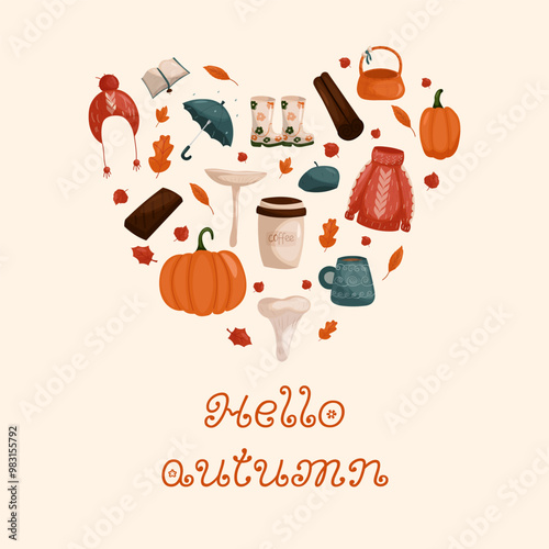 Vector autumn elements with the inscription hello autumn. Vector Umbrellas, mushrooms, pumpkins, autumn clothes, cinnamon and more. For backgrounds, postcards, banners, and illustrations