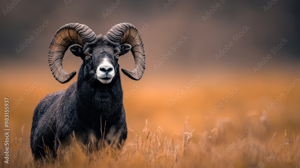 Naklejka premium A large-horned ram stands before an orange and black backdrop in a field of tall grass