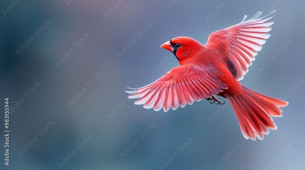 A red bird flies, wings extended, eyes brightly opened A red bird flies, wings extended, eyes brightly opened