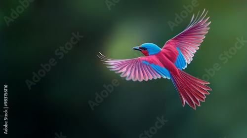  A red and blue bird flies in the air, wings spread wide Background consists of trees