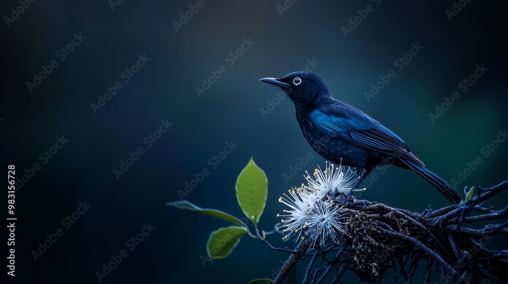 A black bird perches on a tree branch, adjacent to a leafy branch adorned with green leaves A black bird perches on a tree branch, adjacent to a leafy branch adorned with green leaves