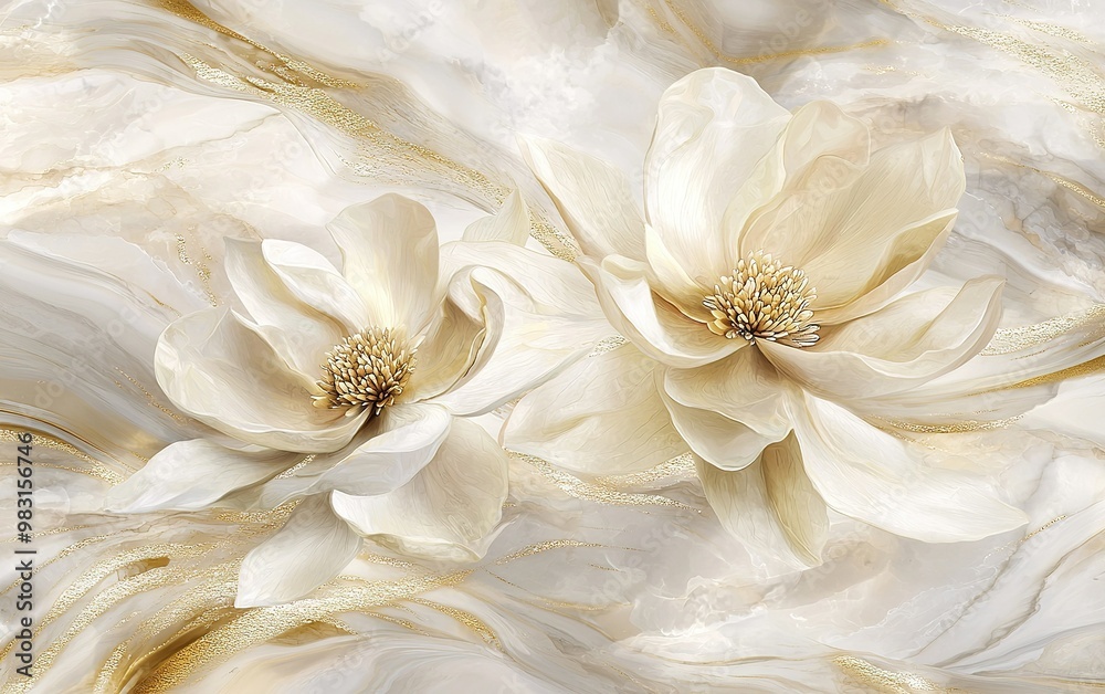 Elegant white flowers bloom against a soft gold and cream abstract background in a tranquil setting Elegant white flowers bloom against a soft gold and cream abstract background in a tranquil setting