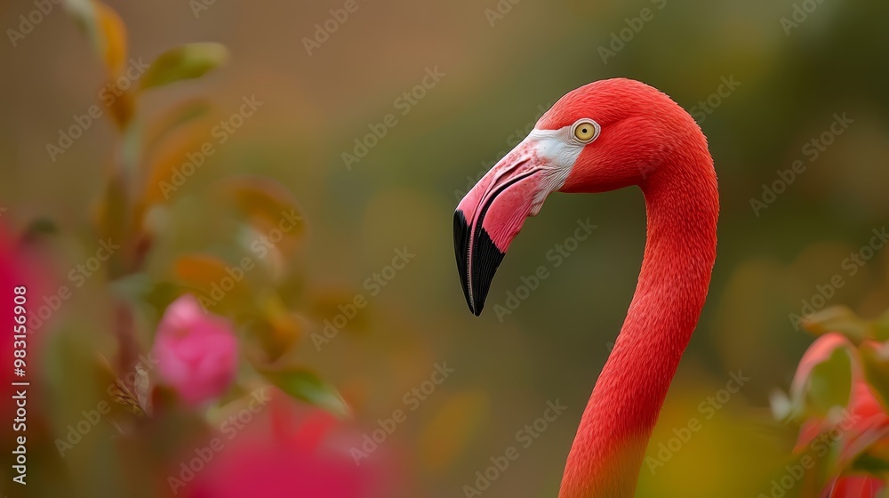 Fototapeta premium A tight shot of a pink flamingo among a field of pink blossoms, softly blurred backdrop of flowering pinks