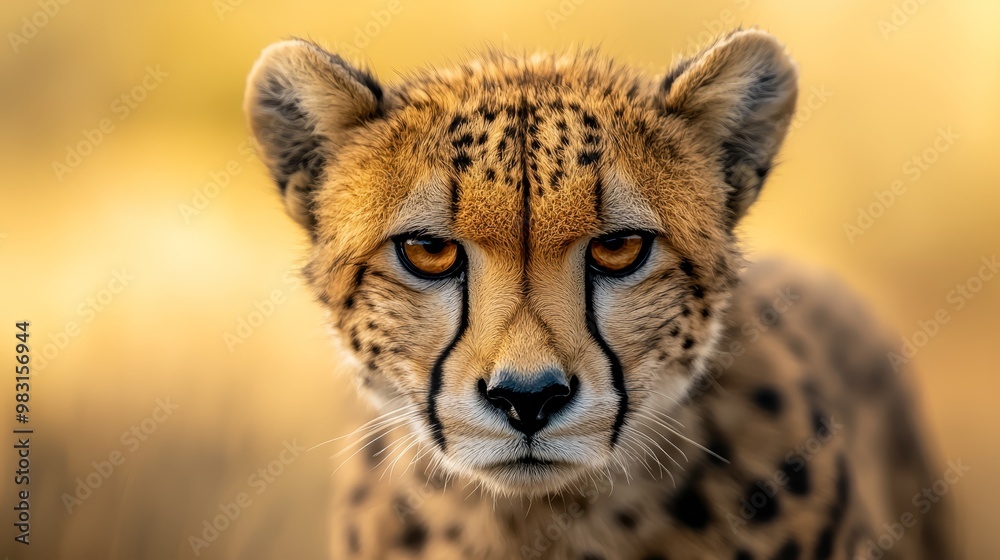 A tight shot of a Cheetah's face, adorned with intricate brown and black spots on its fur A tight shot of a Cheetah's face, adorned with intricate brown and black spots on its fur