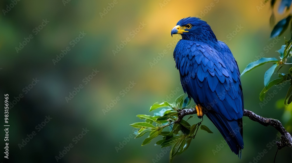 Fototapeta premium A blue bird sits on a tree branch, surrounded by foreground leaves Background is softly blurred