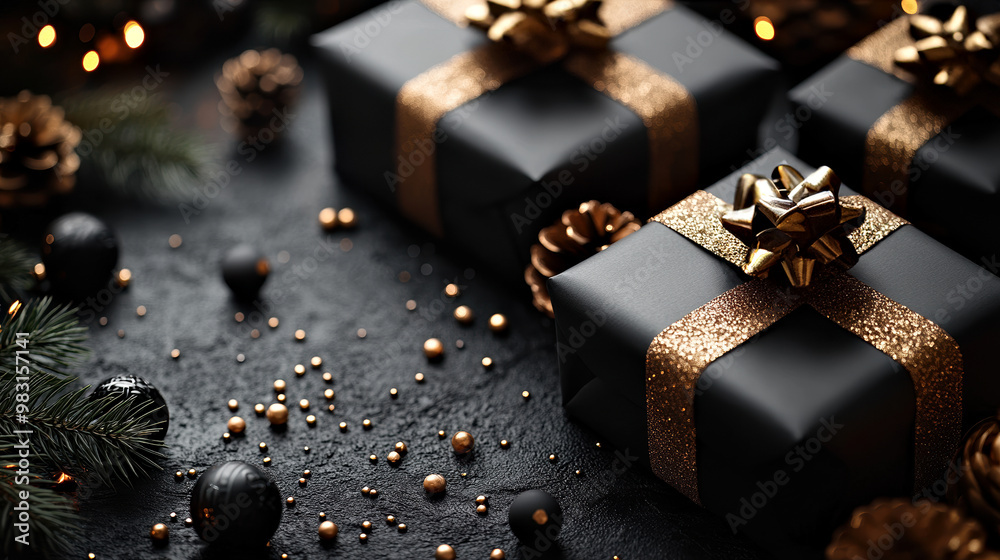 Black Friday Black and Gold Gift Boxes Christmas Sale Box Presents Festive Mock Up Background Black Friday Black and Gold Gift Boxes Christmas Sale Box Presents Festive Mock Up Background