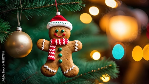 Cheerful gingerbread man with Santa hat on Christmas tree; holiday decoration inspiration