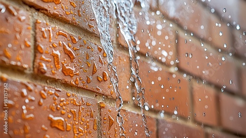A close-up of raindrops streaming down a waterproofed brick wall, demonstrating enhanced weather-resistant features in modern masonry