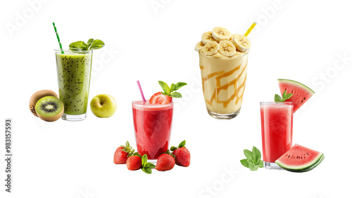 Four glasses of assorted fruit smoothies including kiwi, strawberry, banana, and watermelon, isolated on a white background