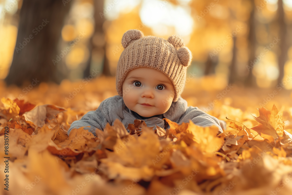 A cute baby playing in the pile of autumn leaves in the forest, with warm colors. A cute baby playing in the pile of autumn leaves in the forest, with warm colors.