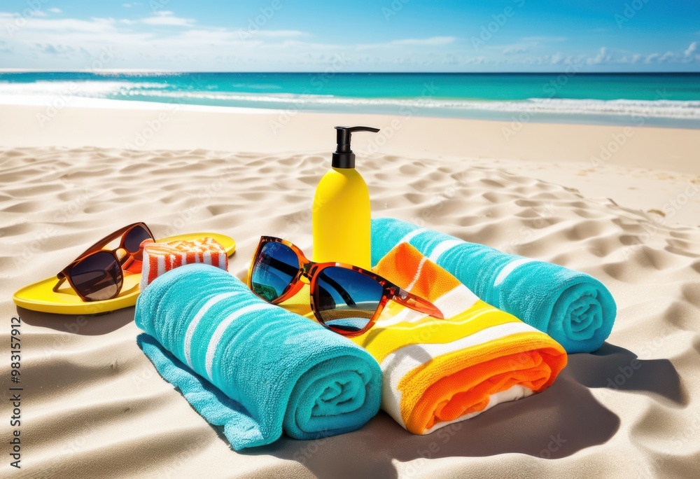 colorful beach essentials displayed perfect spring getaway flip flops, towels, sunscreen, sunglasses, vibrant, accessories, sand, ocean, water, relaxation colorful beach essentials displayed perfect spring getaway flip flops, towels, sunscreen, sunglasses, vibrant, accessories, sand, ocean, water, relaxation