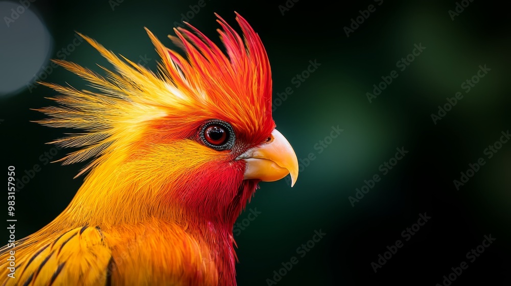 A vividly hued bird in sharp focus against a stark black backdrop, with a softly blurred, radiant light source in the background A vividly hued bird in sharp focus against a stark black backdrop, with a softly blurred, radiant light source in the background