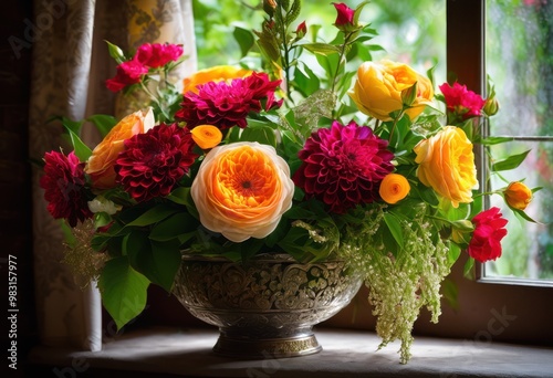 vibrant floral arrangements showcased soft natural light highlighting colors textures exquisite display, flower, petals, bloom, design, decoration, beauty