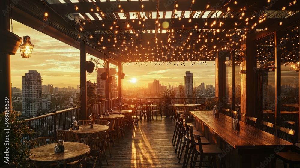 Sunset View from Rooftop Restaurant with Fairy Lights Sunset View from Rooftop Restaurant with Fairy Lights