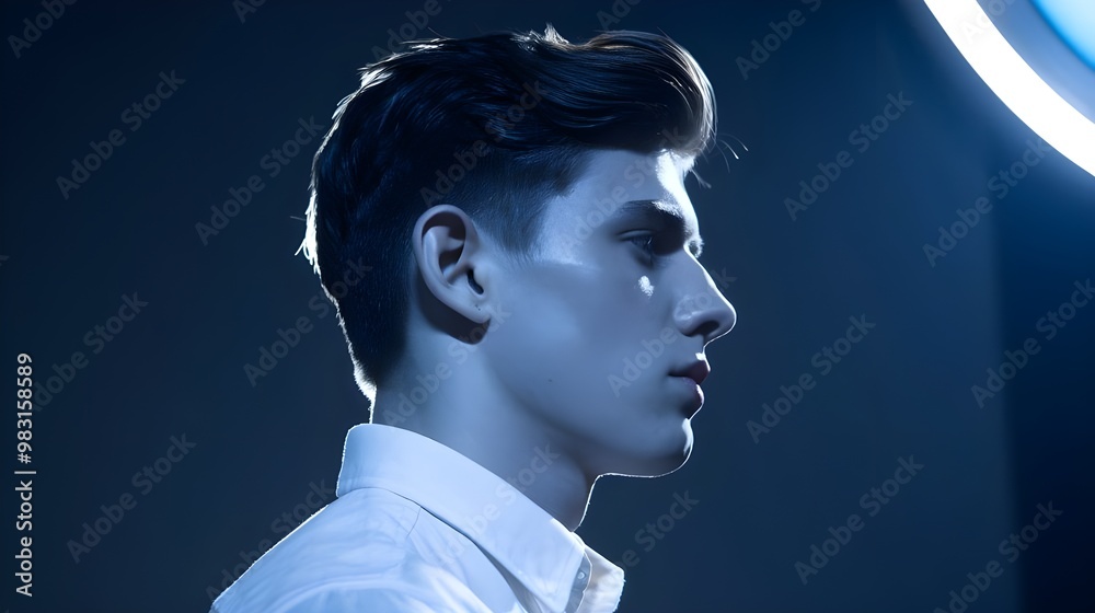 Young Man Profile Portrt Blue Light Dramatic Lighting Studio Portrt Fashion Photograph Young Man Profile Portrt Blue Light Dramatic Lighting Studio Portrt Fashion Photograph