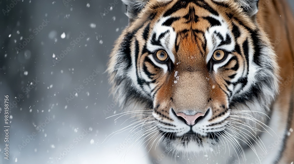 Fototapeta premium A tight shot of a tiger in the snow, snowflakes dotting its face, background softly blurred