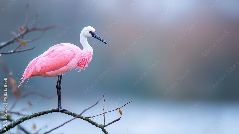 Obraz premium A pink bird perches on a tree branch overhanging foggy water