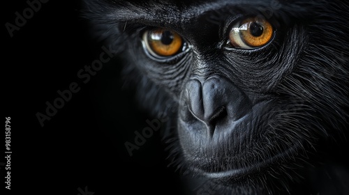  A tight shot of a monkey's face with bright orange eyes against a black background