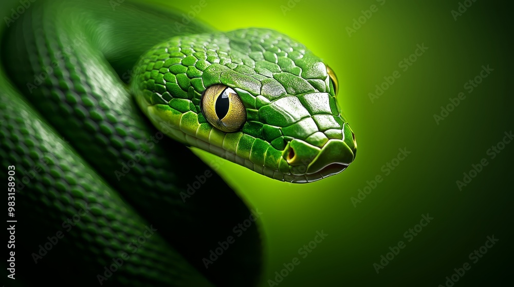 its yellow eye stands out against the surrounding green background its yellow eye stands out against the surrounding green background