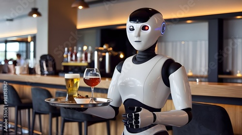 Robot Server Serving Drinks and Snacks in a Restaurant photo