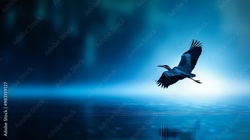 Fototapeta premium A bird soaring above tranquil water, backdrop of azure sky, tree in the foreground