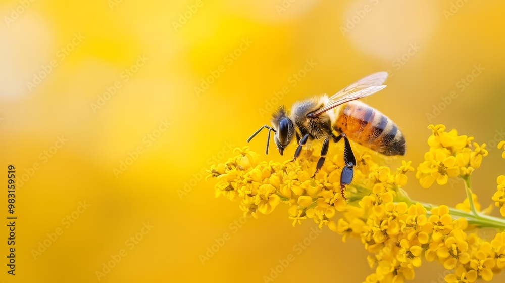 A tight shot of a bee hovering over yellow blooms, background softly blurred A tight shot of a bee hovering over yellow blooms, background softly blurred