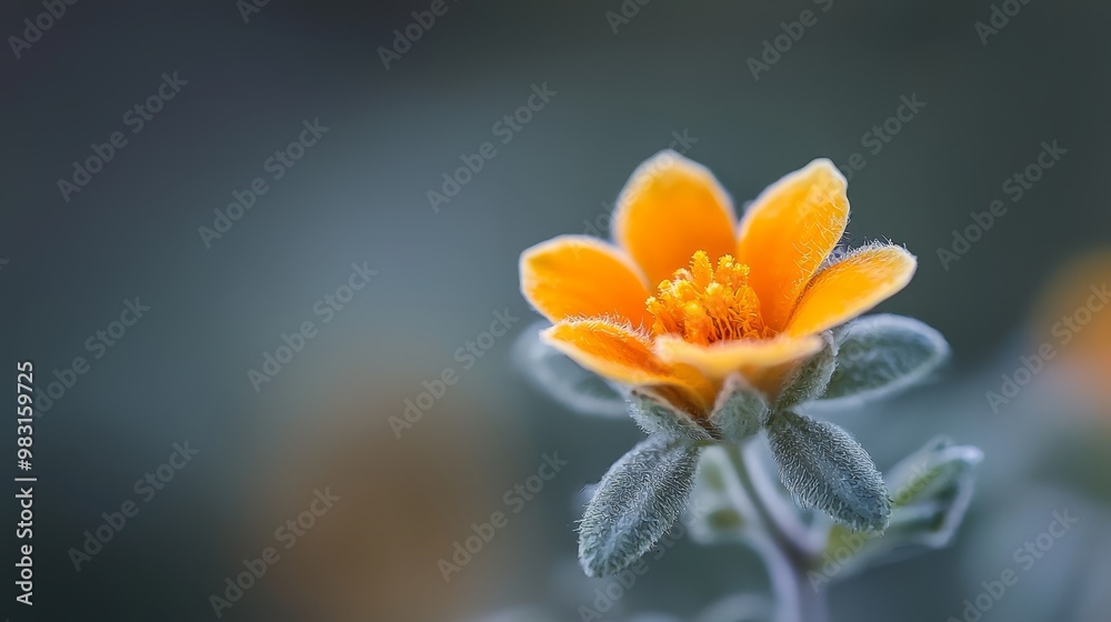Obraz premium A yellow flower with a green stem is depicted in sharp focus against a blurred background in this close-up image