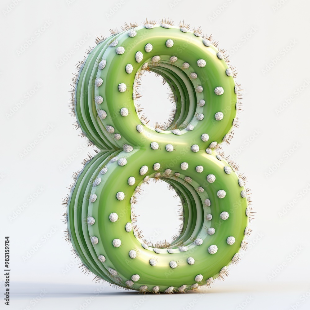 3D number 8 with cactus texture realistic modern design, soft lighting, white background. 