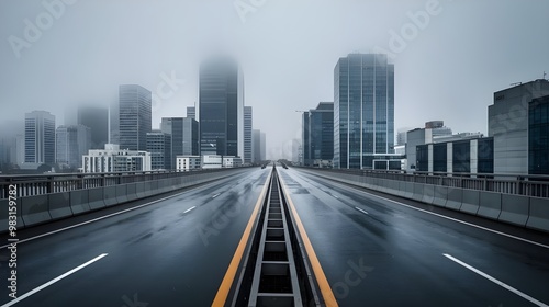 Empty Highway Through Foggy Cityscape
