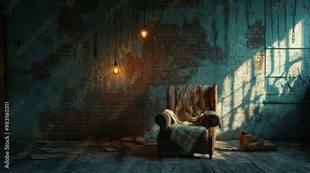 Naklejka premium Cozy Vintage Chair in an Abandoned Room with Ambient Lighting