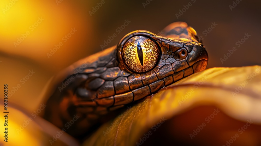 Fototapeta premium A tight shot of a snake's eye, foregrounded by a ripe banana, backgrounded by another banana