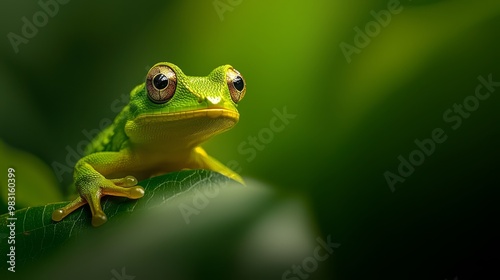  A frog up-close on a green leaf against a softly blurred backdrop of intermingled, green foliage