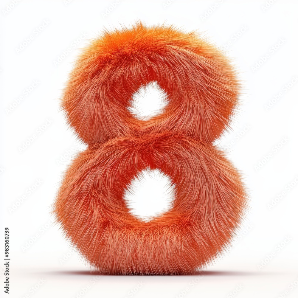 3D number 8 with orange fur texture realistic modern design, soft lighting, white background. 