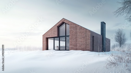 A contemporary brick home with a minimalist design, surrounded by a thick layer of snow, showing how modern architecture uses traditional materials to enhance insulation