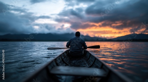 A captivating image of a person rowing a boat at dusk... photo