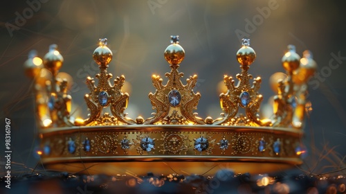 A close-up of a royal gold crown encrusted with dazzling gemstones and set in sunlight.