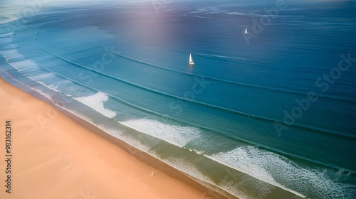 Aerial View of Slboats in the Ocean with Waves and Sandy Beach photo