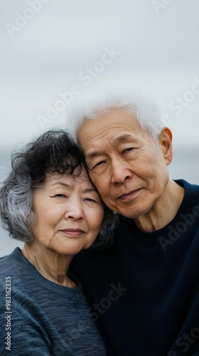 A lovely elderly couple embraces with content expressions, standing by the seaside on a cloudy day.