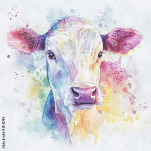 A beautiful, soft watercolor cow with light, fluid colors and gentle, flowing lines.