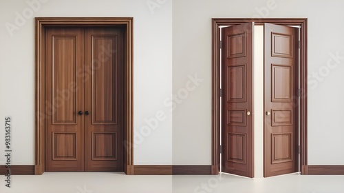 Closed and Open Double Wooden Doors in Modern Home Interior