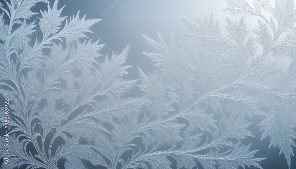 Frosted fern leaves design on a glass surface with a soft winter light ambiance Frosted fern leaves design on a glass surface with a soft winter light ambiance