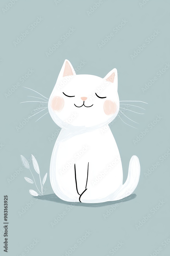 A white cat sits on the ground with closed eyes before a plant A white cat sits on the ground with closed eyes before a plant