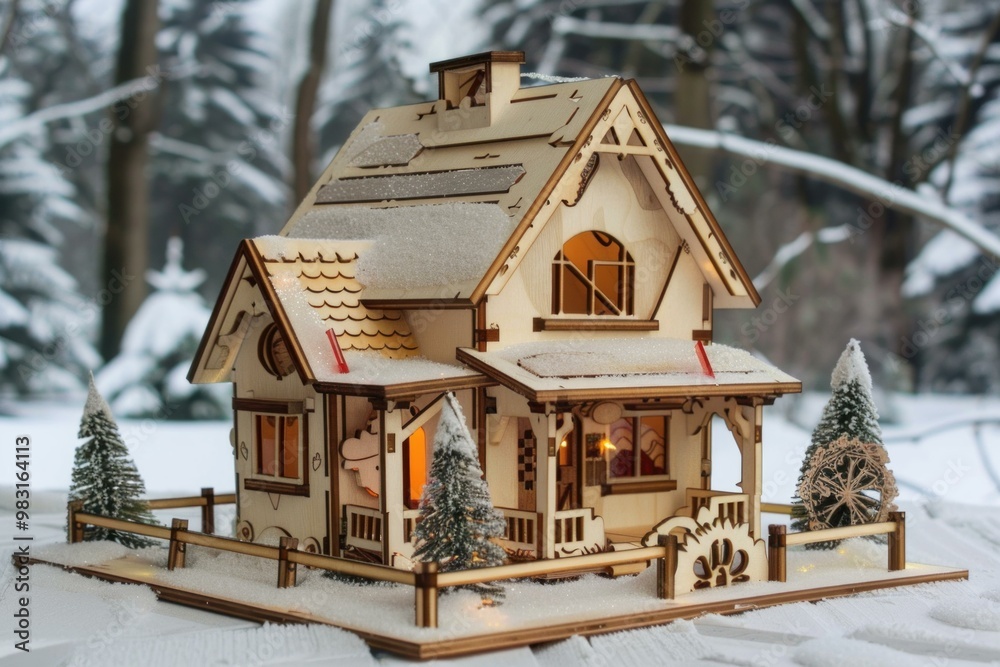Small wooden chalet model with lit windows standing on snow with a snowy forest in the background Small wooden chalet model with lit windows standing on snow with a snowy forest in the background